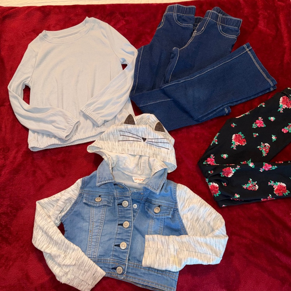 Cat & Jack Girls 5 Piece Outfit Bundle Denim Jacket Leggings Top Size 4/5 5T